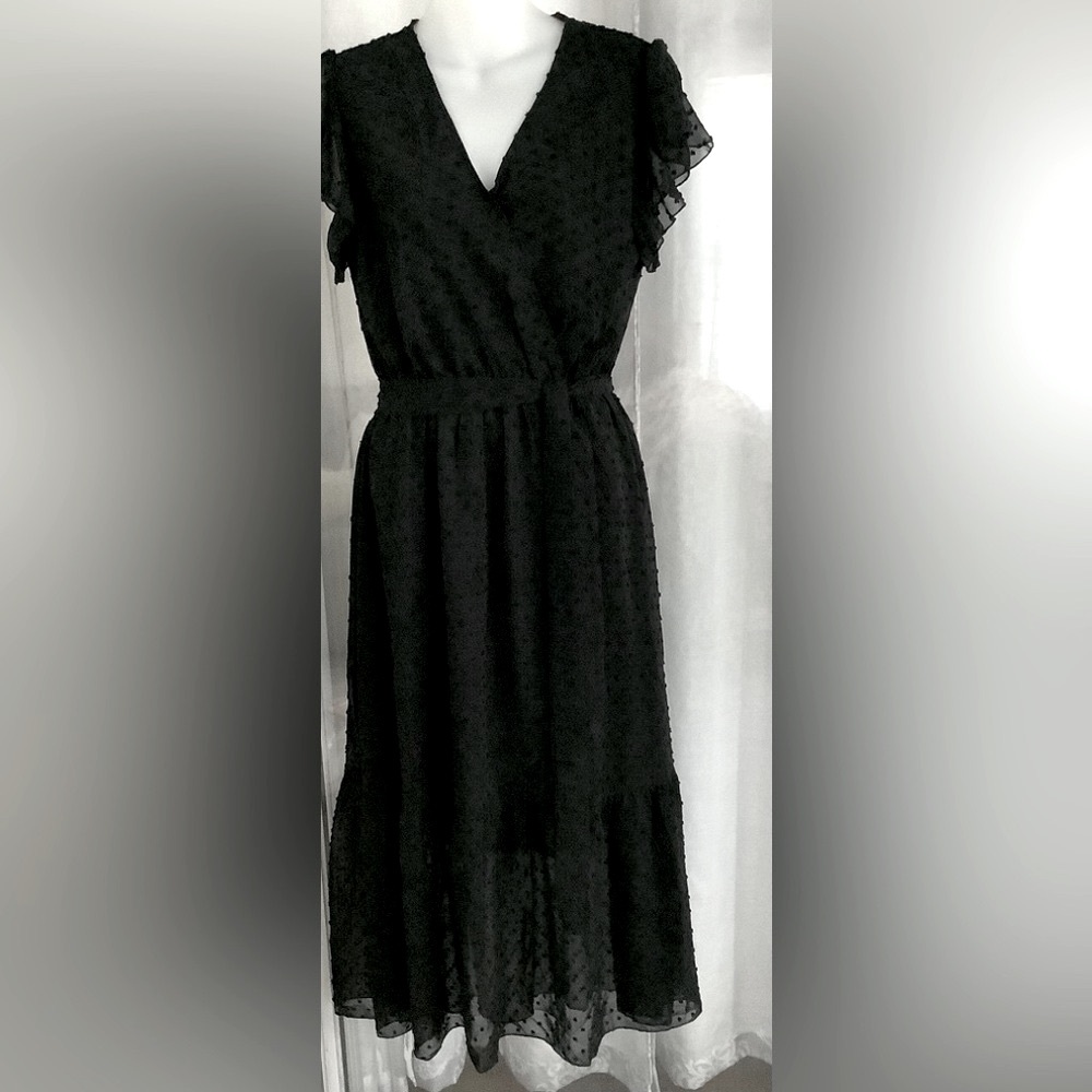 Black Short Sleeve V Neck Swiss Dot Midi Dress